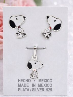 Snoopy Beagle Dog Enamel Pendant & Stud Earrings Set 925 Mexican Sterling Silver